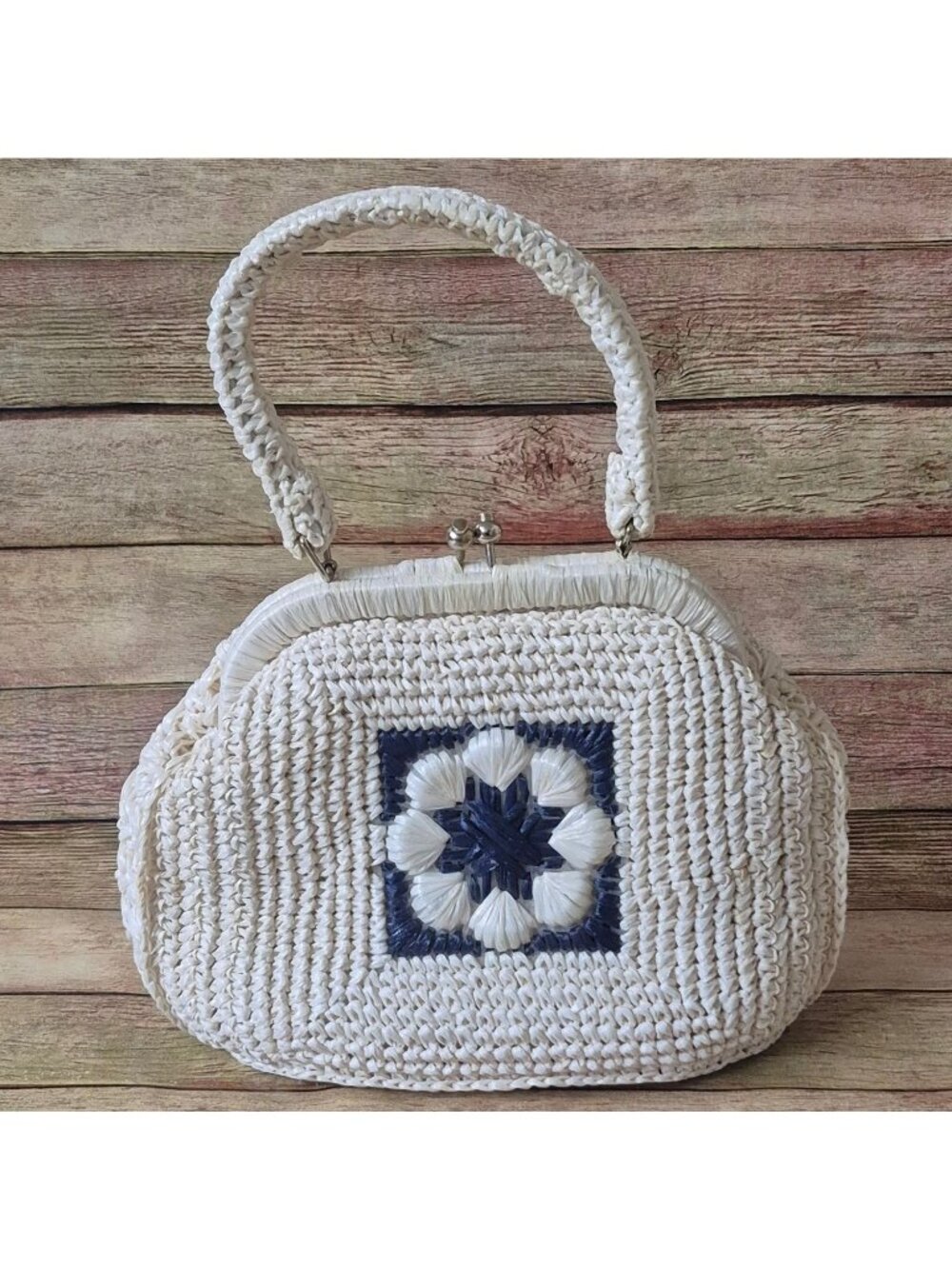 Vtg 60's Woven Raffia Ivory Straw Flower Purse Kiss Lock Closure Made In Japan